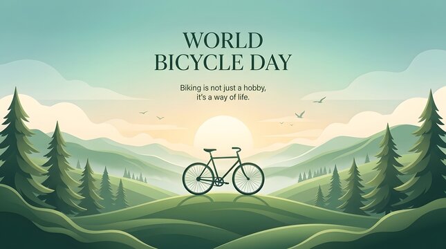 Bicycle silhouette against a scenic landscape for world bicycle day celebration cycling bike vector illustration mountains trees outdoor