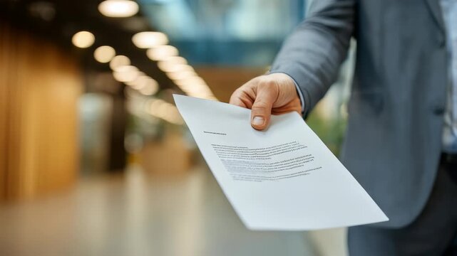 Businessman in a modern office environment handing over an important document, symbolizing contract signing and professional agreement. Focus on the paper and hand gesture
