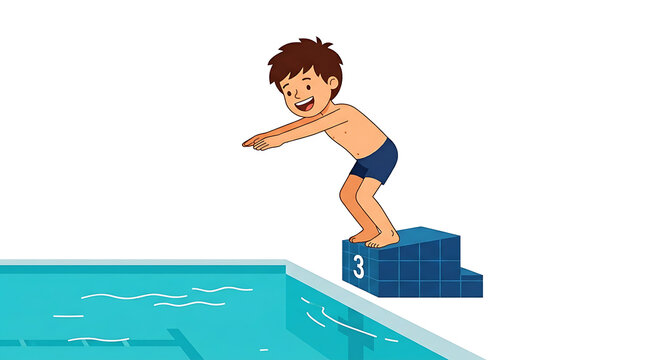 Caucasian boy, jumping into pool, swimming, diving board, fun