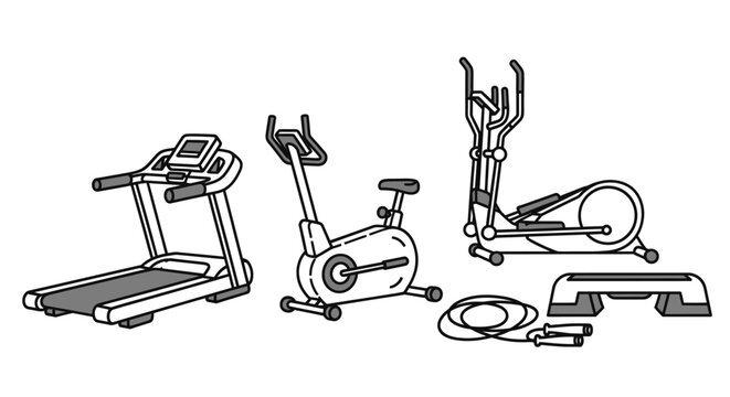 Gym equipment illustration treadmill exercise bike elliptical step and rope