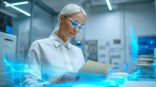 Confident businesswoman with platinum blonde hair and glasses analyzes documents in a modern high tech office. Futuristic blue holographic interface elements enhance the innovative atmosphere