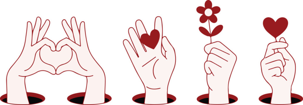 Hands holding hearts and flower emerging from holes  love and affection gestures  symbolizing care and tenderness