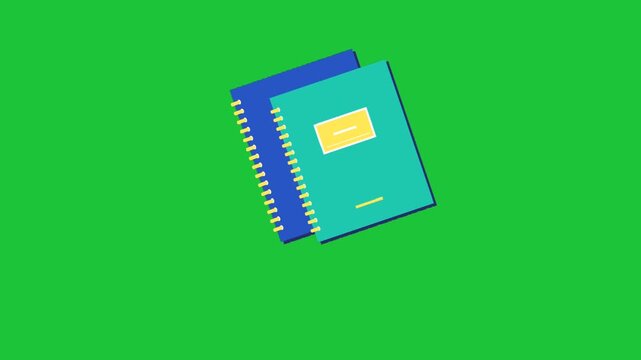 Animated spiral notebooks rotating on green screen background ideal for education school and office projects use video