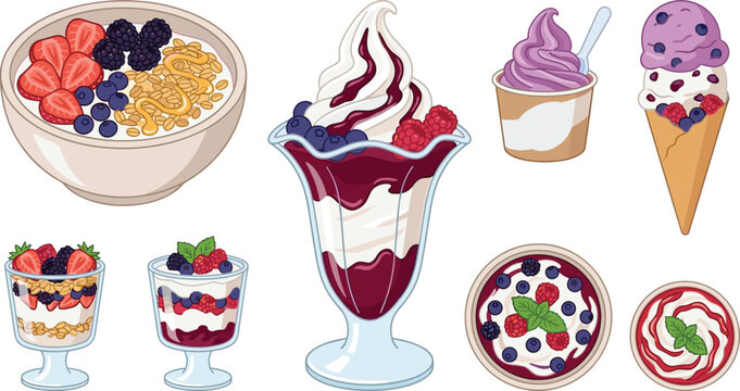 Flat Design Berry Yogurt Parfait Sundae Ice Cream Bowl and Cone with Granola and Whipped Cream Vector Illustration Set