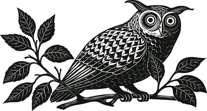 Stylized owl perched on branch graphic illustration with wildlife