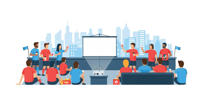 Soccer fans gathered on a minimalist city rooftop with a generic urban skyline background, projector screen glowing, diverse group with snacks and flags, minimalist flat vector artwork, clipart