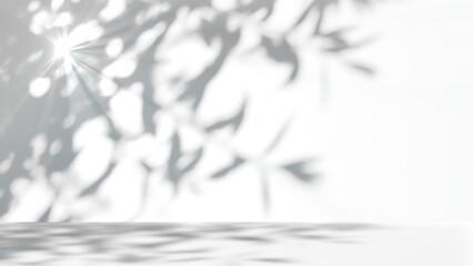 shadow of leaves with sunlight isolated on white wall and white table in foreground, copy space in abstract nature, shades of gray texture template background overlay