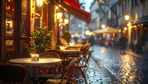 Charming Parisian Cafe Terrace at Dusk with Warm Lighting and Wet Cobblestone Street.