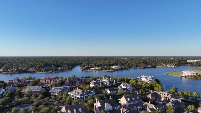 Aerial view of luxurious residential area with million dollar houses by the Woodlands lake, Houston,Texas