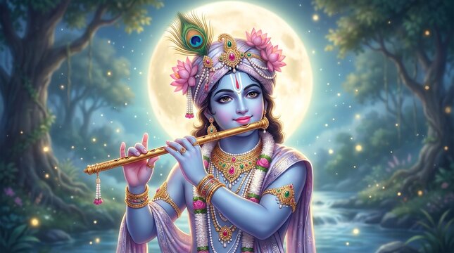 Lord Krishna Playing Flute Portrait with Peacock Feather and Floral Adornments