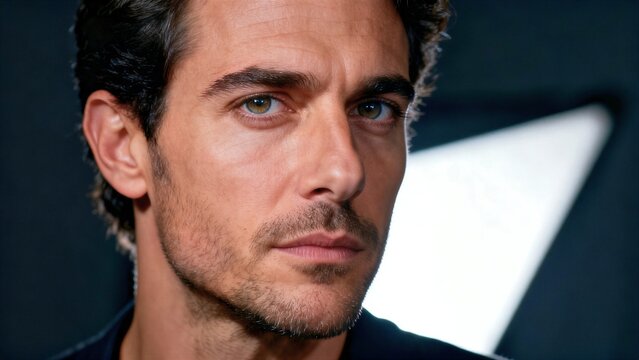 Intense young Italian man looking at camera in sharp three quarter angle portrait with dramatic softbox lighting.