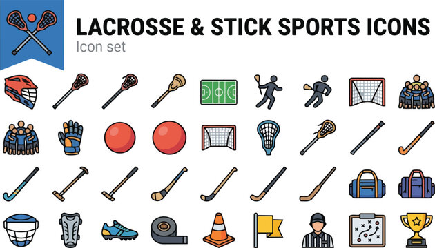 Lacrosse Stick Sports Flat Color Icon Set Helmet Stick Field Diagram Player Goal Glove Ball Net Field Hockey Polo Mallet Hurling Shinty Bandy 25 Icons Modern Flat Color Vector Sport
