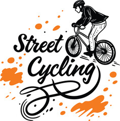 Fototapeta premium Street cycling vector illustration of biker riding bicycle through orange ink splashes.