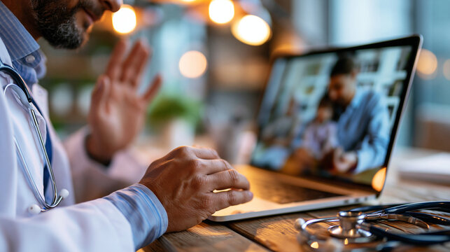 A close up of European doctor hands waves softly during a bright online consultation with a mother and child on a calm laptop screen online wave faceless detail softly