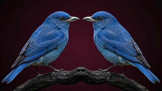 Two blue birds facing each other on branch