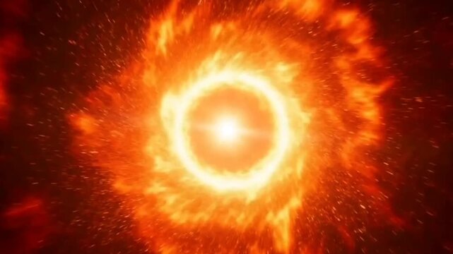 An intense abstract motion graphic video showing a burning fire ring explosion with hot orange plasma and sparkling particles opening a dark wormhole portal on a pitch black background.