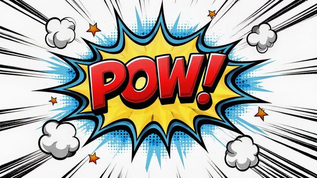 Comic style explosion speech bubble with pow text and retro cartoon pop art background scene
