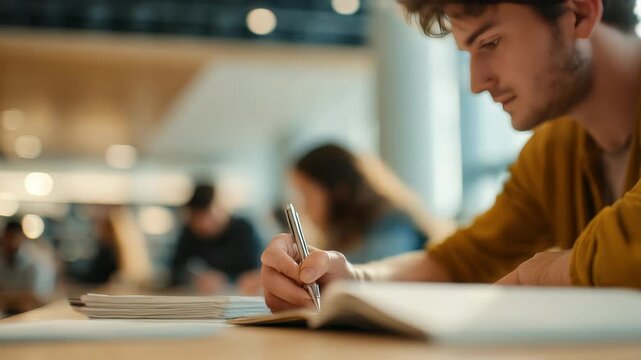 Focused young man writing notes in a modern library, surrounded by blurred students in the background. Academic atmosphere highlights concentration and productivity in a contemporary study space