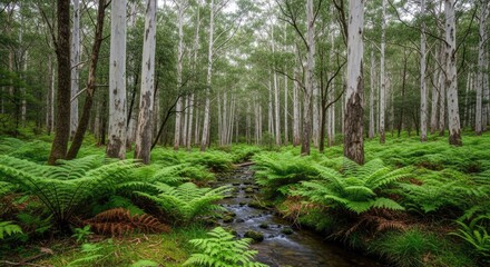 Obraz premium Small stream flowing through lush eucalyptus forest with green ferns