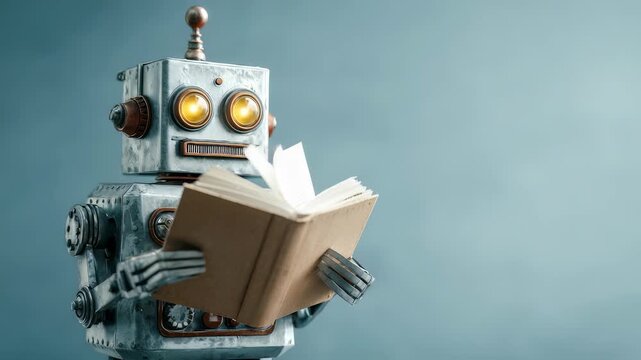 Retro styled robot with glowing eyes is holding and reading an open book against a blue background. The scene combines vintage technology with the concept of artificial intelligence learning