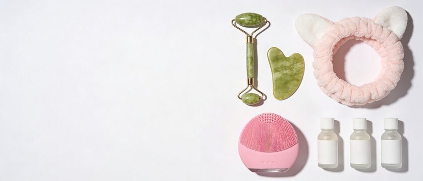Skincare products arranged on a clean surface including a jade roller, gua sha, face mask, bottles, and a pink headband for a beauty routine.
