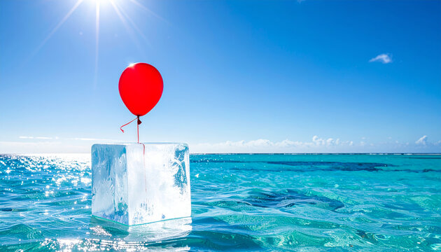 A single red balloon tied to an ice cube floating on clear tropical ocean water under a bright blue sky with sunbeams