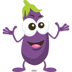 Fototapeta premium Vibrant and cheerful cartoon eggplant character, exuding friendliness with a wide smile and open arms, perfect for illustrating healthy eating concepts and playful food designs