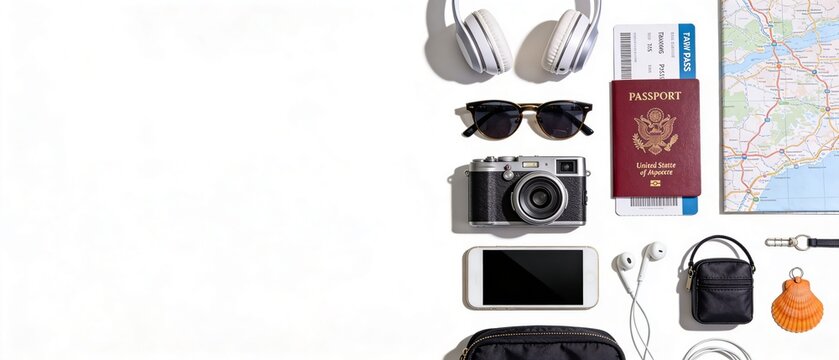 Travelers' essentials arranged on a map for an upcoming journey abroad
