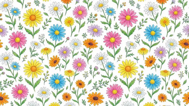 Colorful floral seamless pattern with daisies and leaves