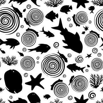 Black and white seamless pattern with marine life silhouettes and swirls
