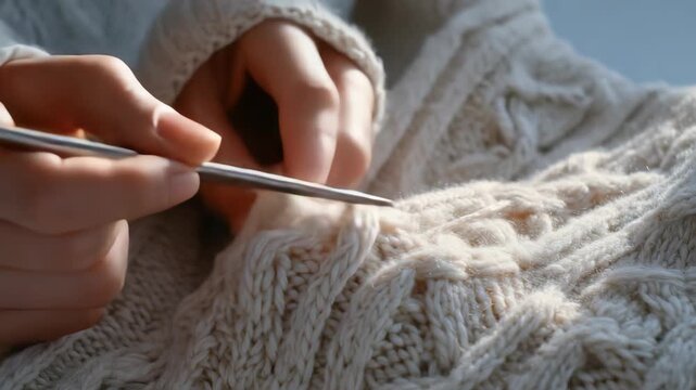 Close up of hands knitting a cozy wool sweater with metal needles, showcasing intricate cable patterns. Warm natural light highlights the soft texture and detailed craftsmanship