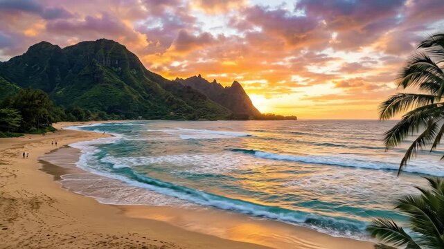 Sunset over Tunnels Beach Kauai, scenic tropical destination concept for travel, tourism, coastal adventure and paradise branding campaigns, dramatic golden sky, ocean textures, peaceful island