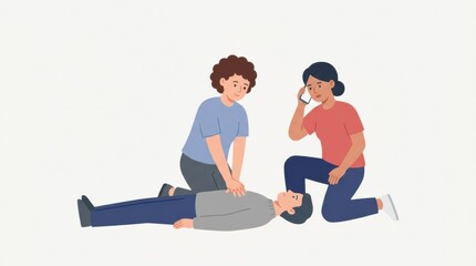 Fototapeta premium Two individuals provide first aid while one person calls emergency services during a workplace incident.