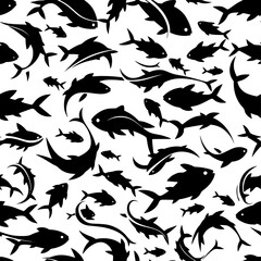 Fototapeta premium Seamless pattern of diverse black fish silhouettes on white background