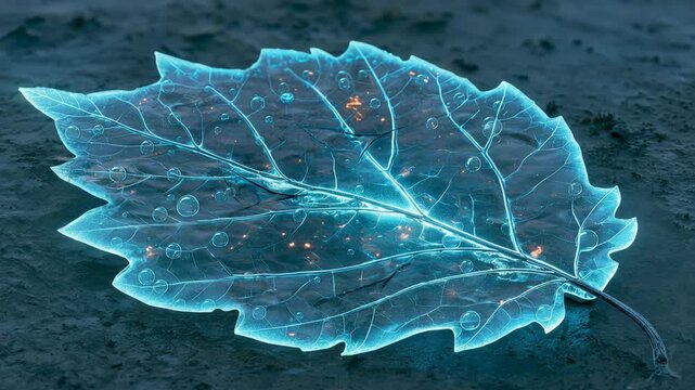 Glowing Transparent Frozen Leaf with Luminous Cyan Veins on Dark Ice Surface