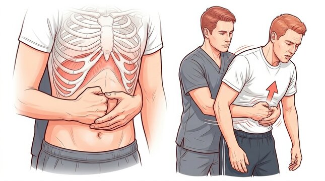 One person assists another who is choking using the Heimlich maneuver for emergency response in a workplace setting during a training session.