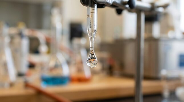 Close-up of a chemical titration in a laboratory setting with beakers.