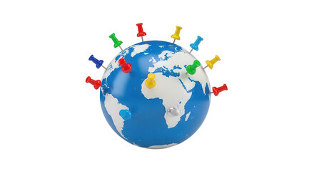 Naklejka premium Blue earth globe with colorful push pins marking locations around world isolated on transparent background