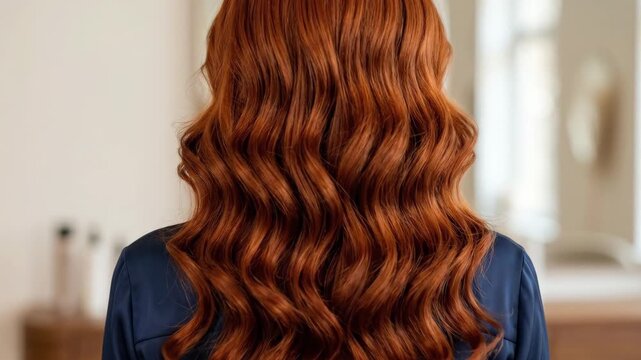 Back view of a woman with wavy red hair, beauty and hairstyling concept focused on shiny curls, healthy texture and salon inspiration, clean studio composition, soft light, rich color and realistic