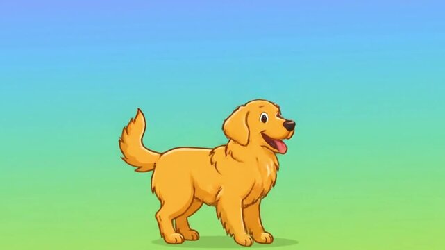 Cute animated golden dog character standing on a colorful gradient background, smiling with its tail raised.