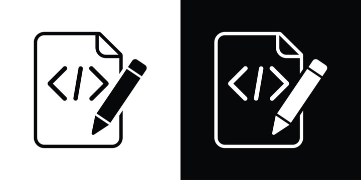 Coding file and pencil icon. Vector illustration of software script editing, code writing, and web programming concept isolated on black and white.