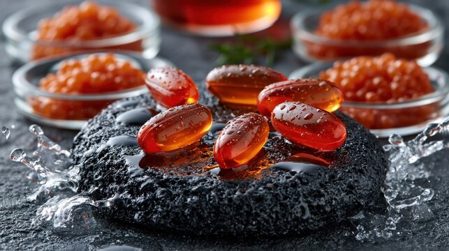 Astaxanthin softgel capsules with rich orange color placed on a wet black volcanic stone, surrounded by Haematococcus microalgae in small glass petri dishes, water splashes frozen in motion