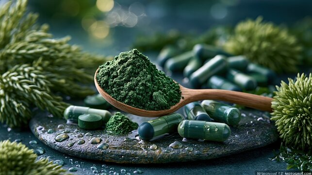 Spirulina powder and capsules arranged on a dark wet stone surface with water droplets, surrounded by fresh green seaweed and algae clusters