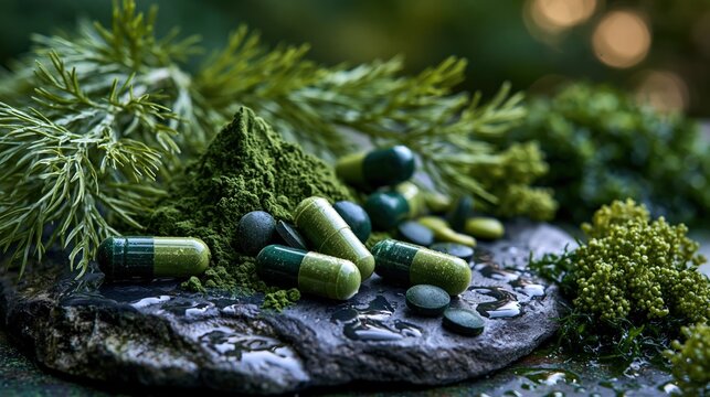 Spirulina powder and capsules arranged on a dark wet stone surface with water droplets, surrounded by fresh green seaweed and algae clusters