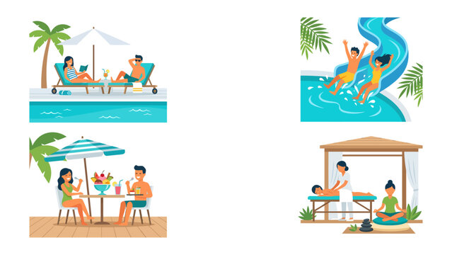 Vacation Montage: A vibrant collection of four illustrations depicting idyllic vacation scenes: relaxation by a pool, thrilling waterslide descent, outdoor dining with refreshing drinks.