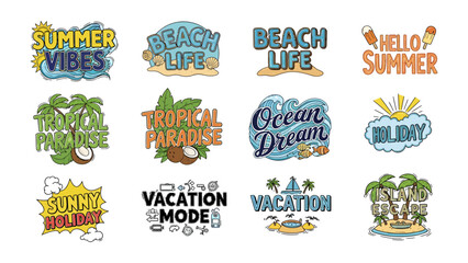 Summer Holiday Vibes: A vibrant collection of twelve hand-drawn illustrations featuring popular summer vacation themes like Summer Vibes, Beach Life, Tropical Paradise, Ocean Dream, and Holiday. © Rahimatul