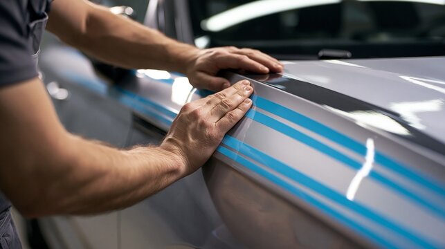 Medium shot of a technician applying twotone exterior decals on a car door focusing on clean lines and vibrant color contrast with steady hand movements.