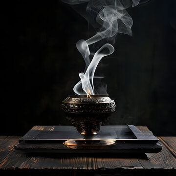Japanese Kodo Incense Ceremony Bronze Koro Burner with White Smoke Rising on Dark Lacquer Wooden Tray