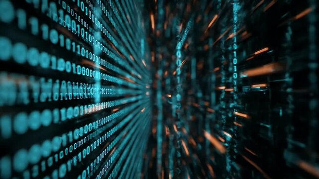 Digital binary code data flowing through a dark cyberspace with glowing orange lights