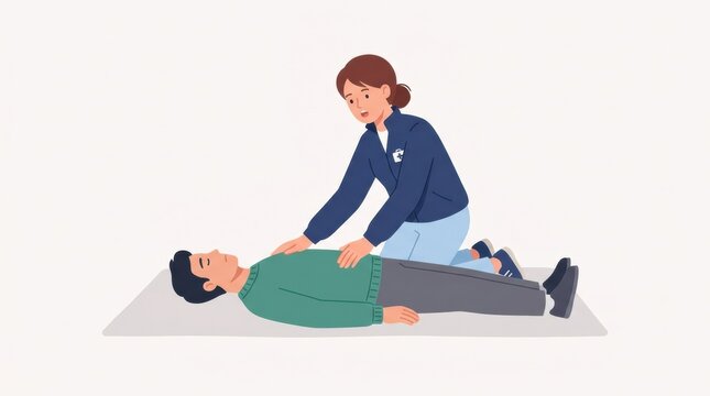 A rescuer assesses an unconscious person on the ground in a workplace setting. The situation involves immediate emergency response efforts.